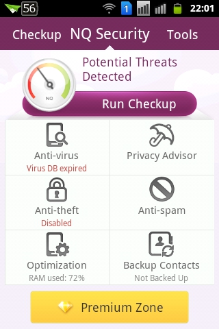 NQ Mobile Security - Hauptscreen