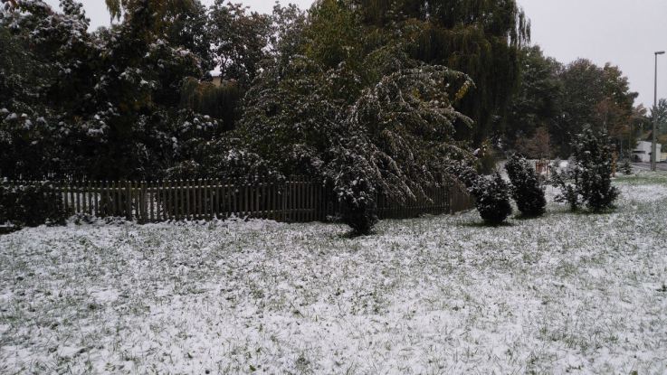Schnee im Oktober in Freiberg. Die Wiese vor dem Kindergarten.